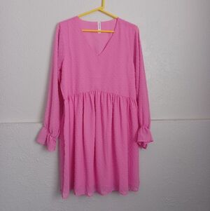 Zenana Outfitters Pink V-Neck Swiss Dot Long Sleeve Dress